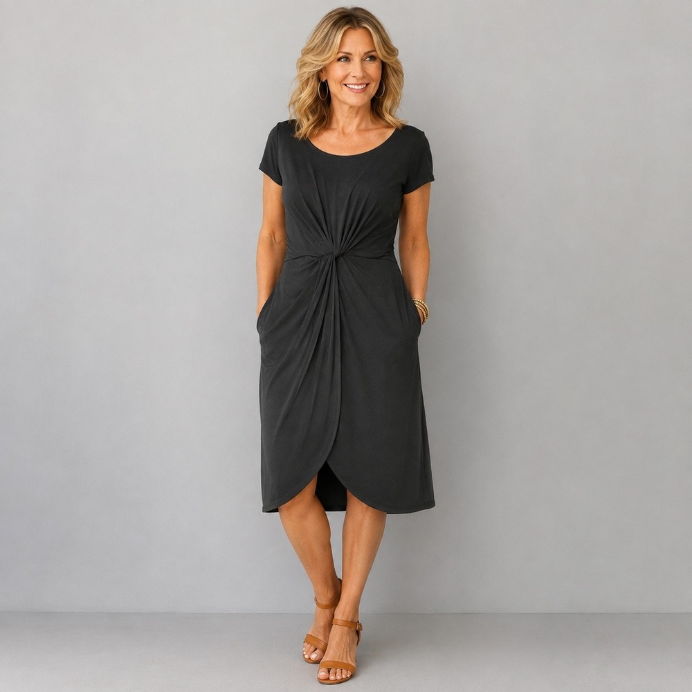 Victoria's Secret Black Twist Front Tulip Hem Cap Sleeve Sheath Dress Large
